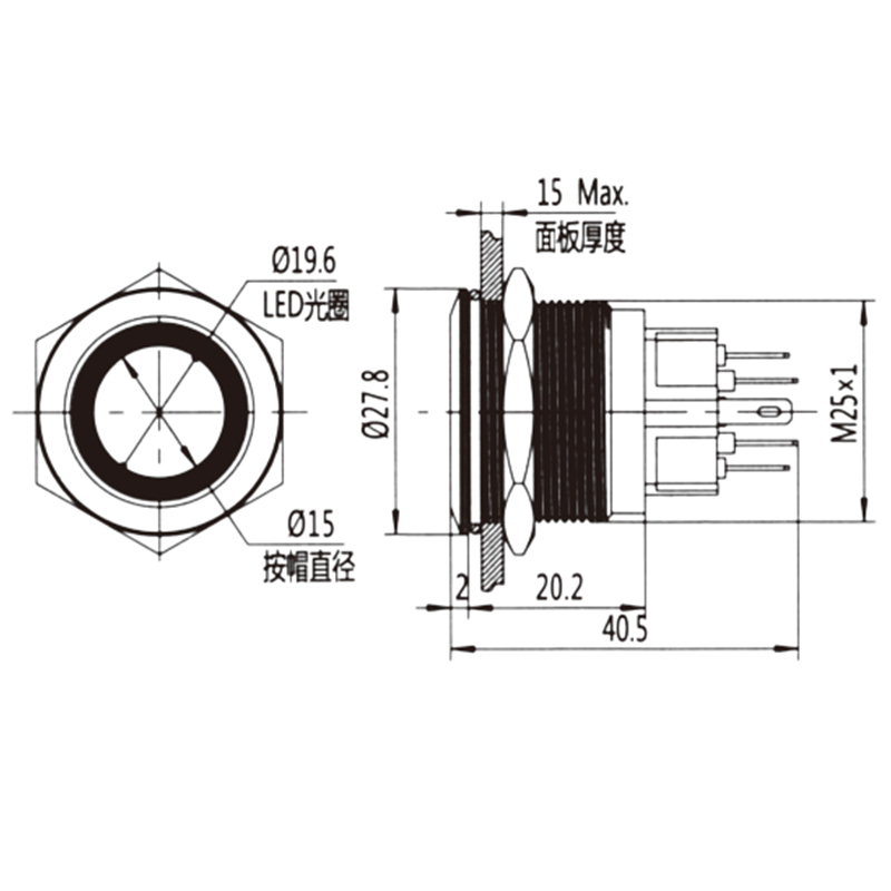 25mm waterproof metal push button switch, self-locking/self-resetting, flat head, high head, stainless steel push button switch
